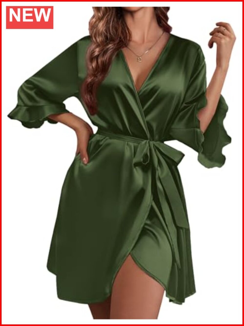Satin Kimono Robe Short Ruffle Sleeve Bathrobe Sleepwear